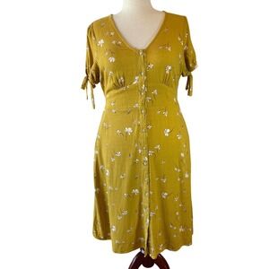 Universal Thread Womens Yellow Floral Button‎ Front Short Sleeve Midi Dress